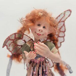 OOAK Standing Fairy Elf Figure Red Braids Glittery Wings Unsigned